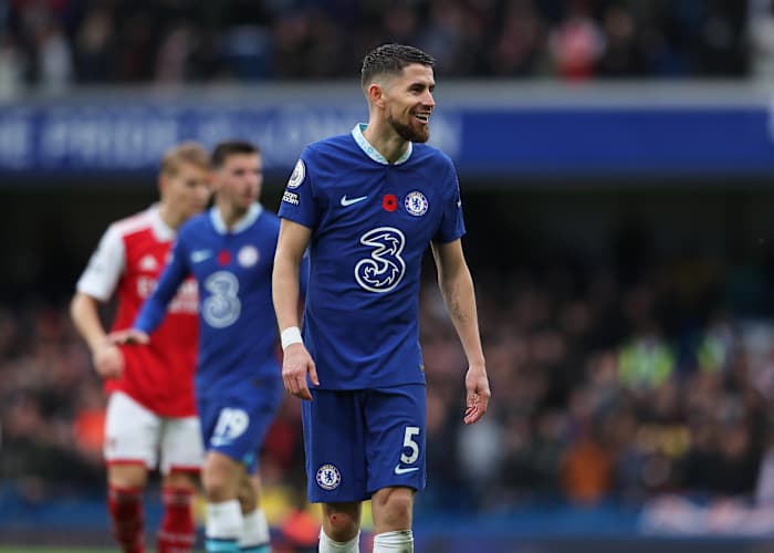 Jorginho pictured playing for Chelsea against Arsenal in November 2022